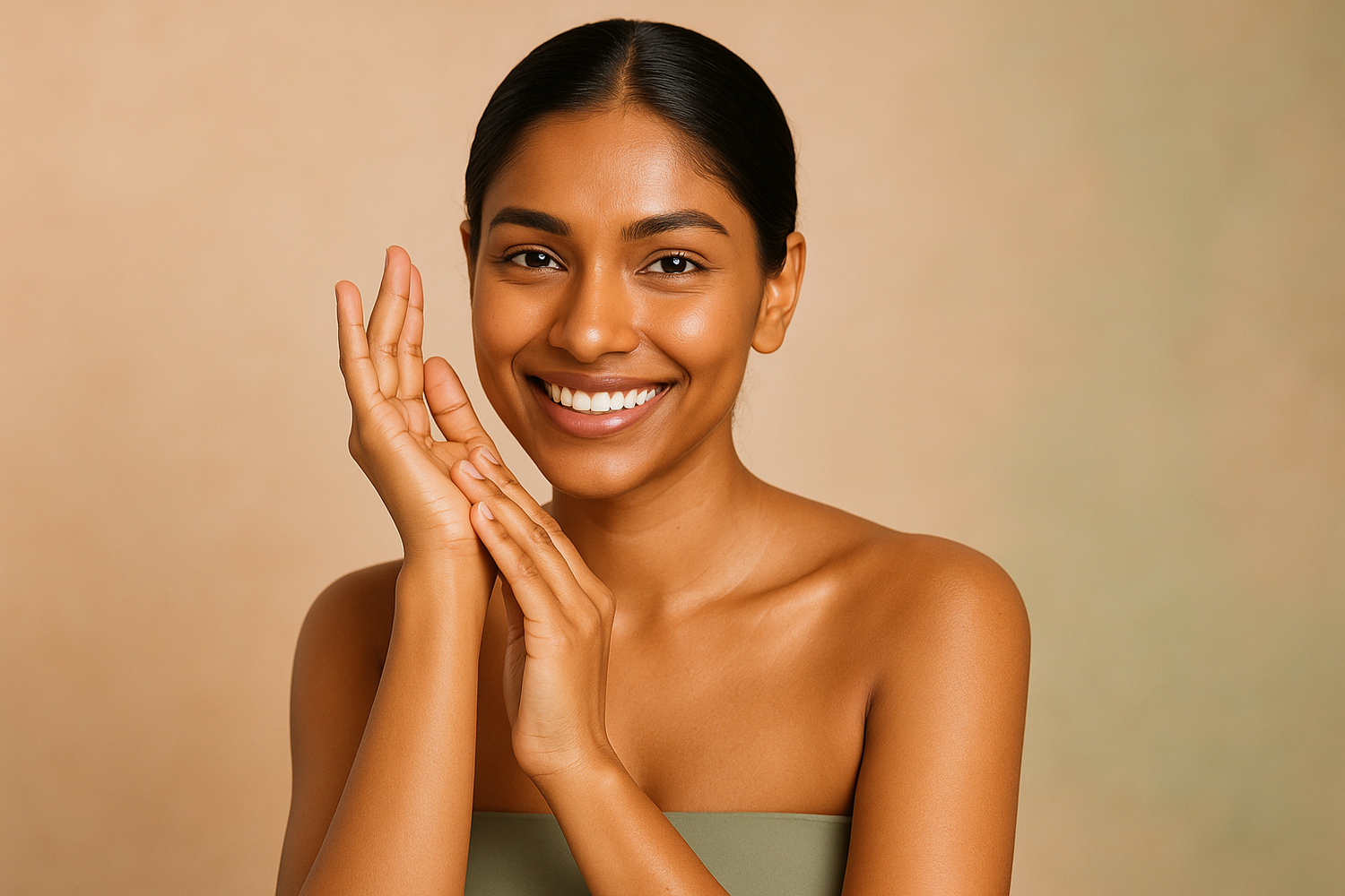 Beautiful model with Indian skin tone, half-body portrait with natural pose