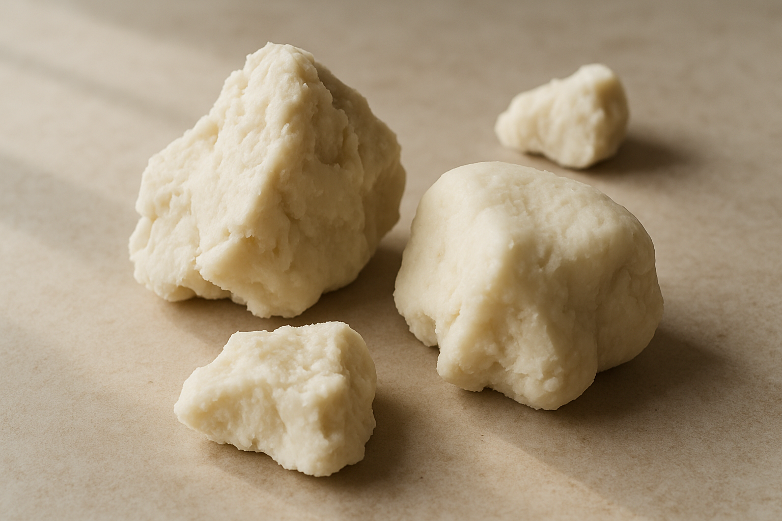 Realistic raw shea butter chunks on neutral background