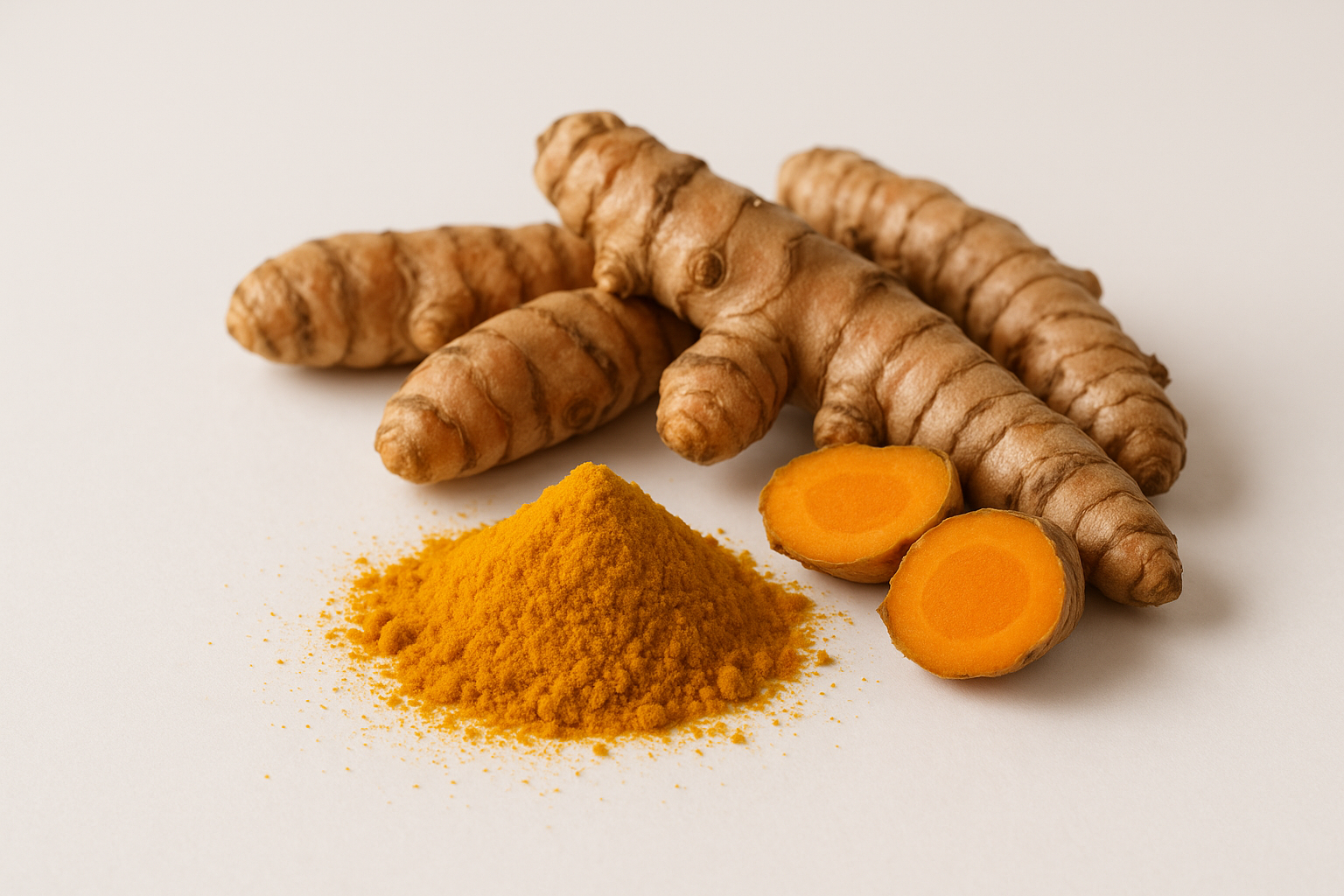 Realistic turmeric root and powder on white background